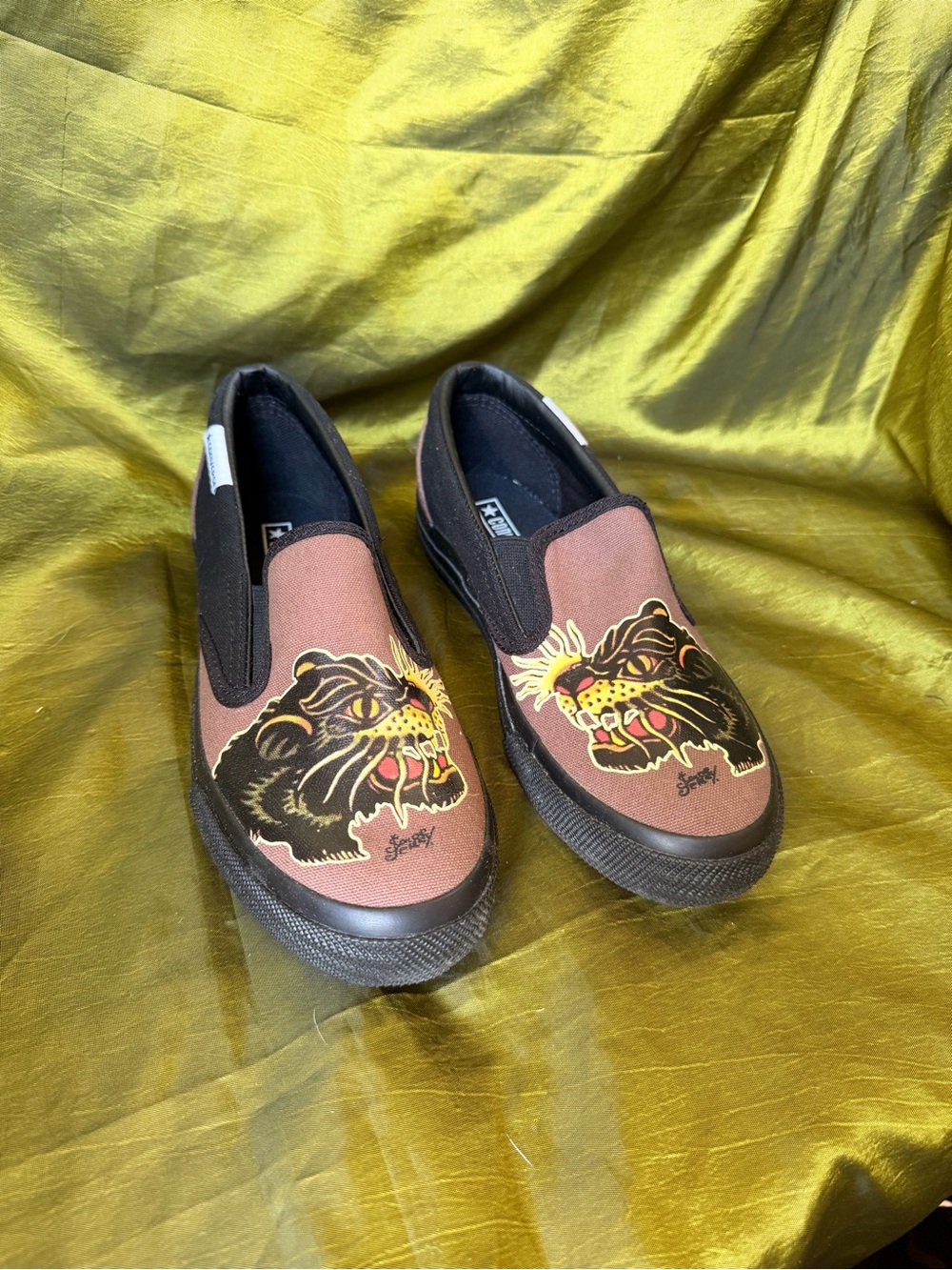 Womens Brown Slip-On Canvas Converse/ Sailor Jerry Sneakers with Panther Graphic